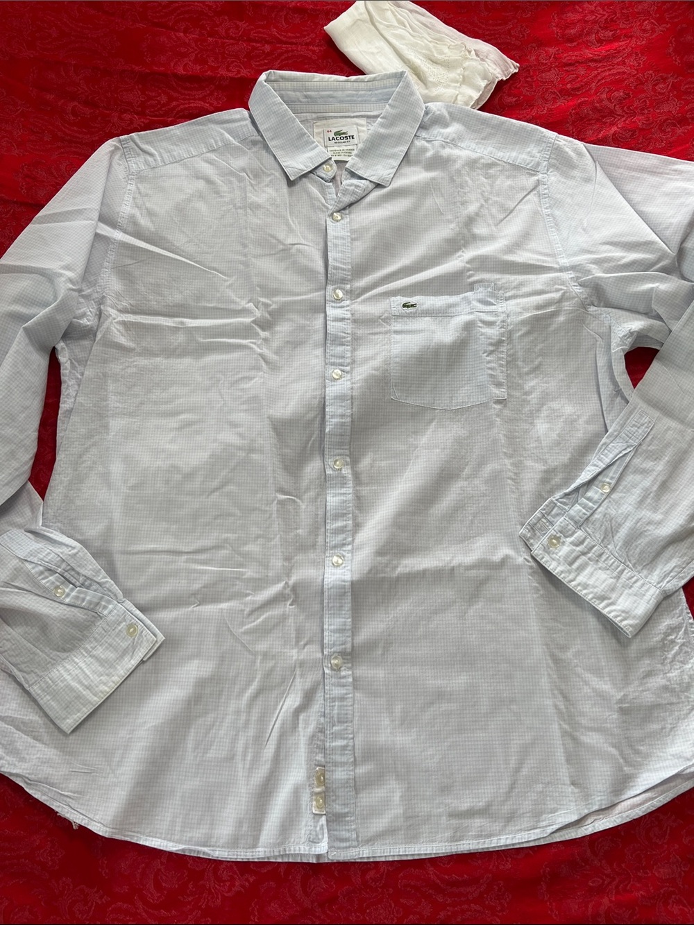 Lacoste Regular Fit Button-Down Shirt Men's XL Light Blue Check Logo Pocket